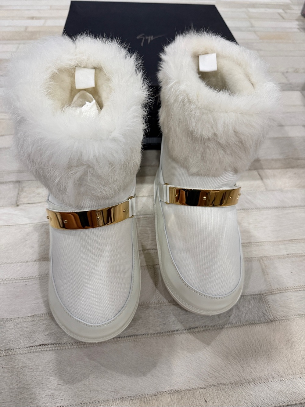 Giuseppe Zanotti White Fur-Trim Ankle Boots with Gold Plate